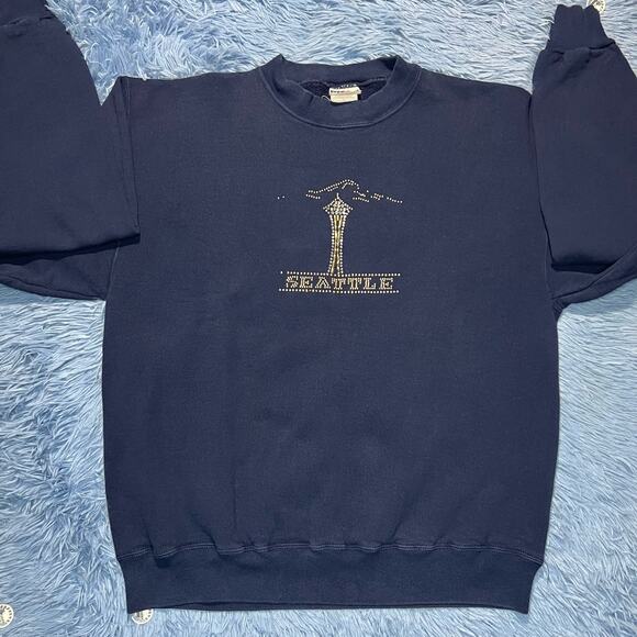 VINTAGE Seattle Space Needle Crewneck Sweater Large Mens Blue Rhinestone - Picture 4 of 10
